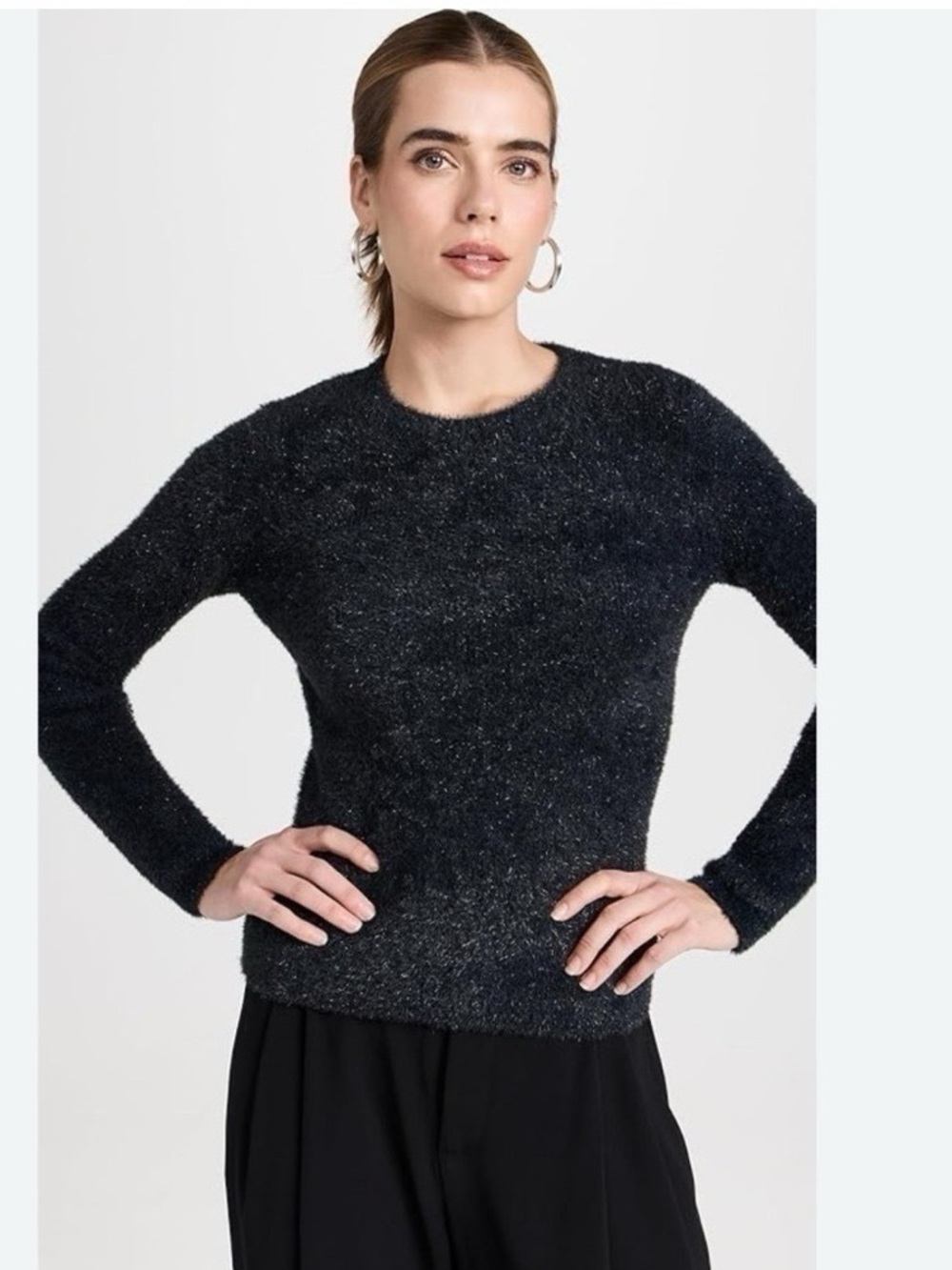 Vince Women’s Metallic Lurex Soft Eyelash Pullover Obsidian Black Sweater MEDIUM - Picture 4 of 12
